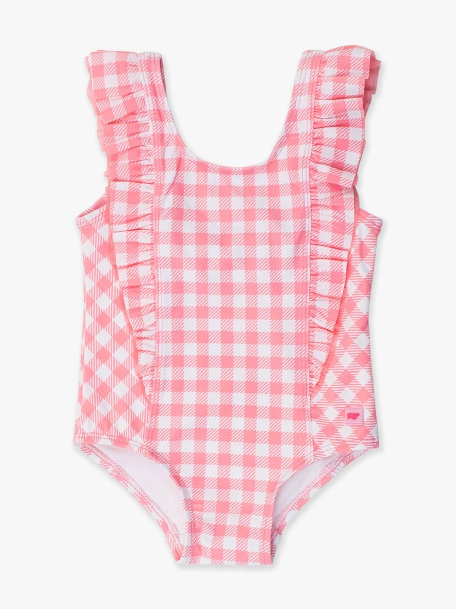 Bubblegum Pink Gingham Waterfall One Piece Swimwuit