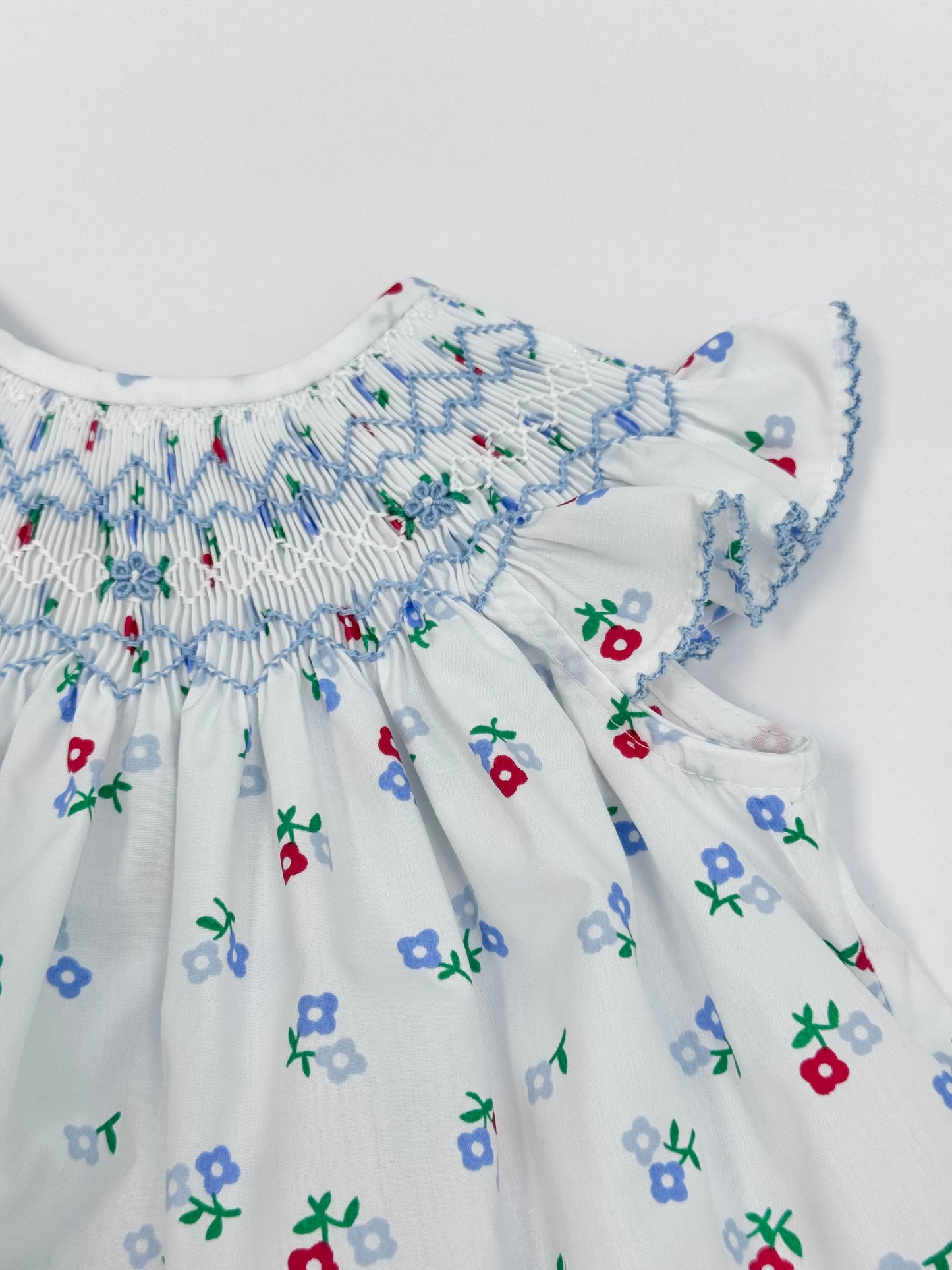 Blue Impatiens Smocked Bishop Bloomer Set