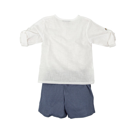 Claror White Navy Linen Shorts Set 40427