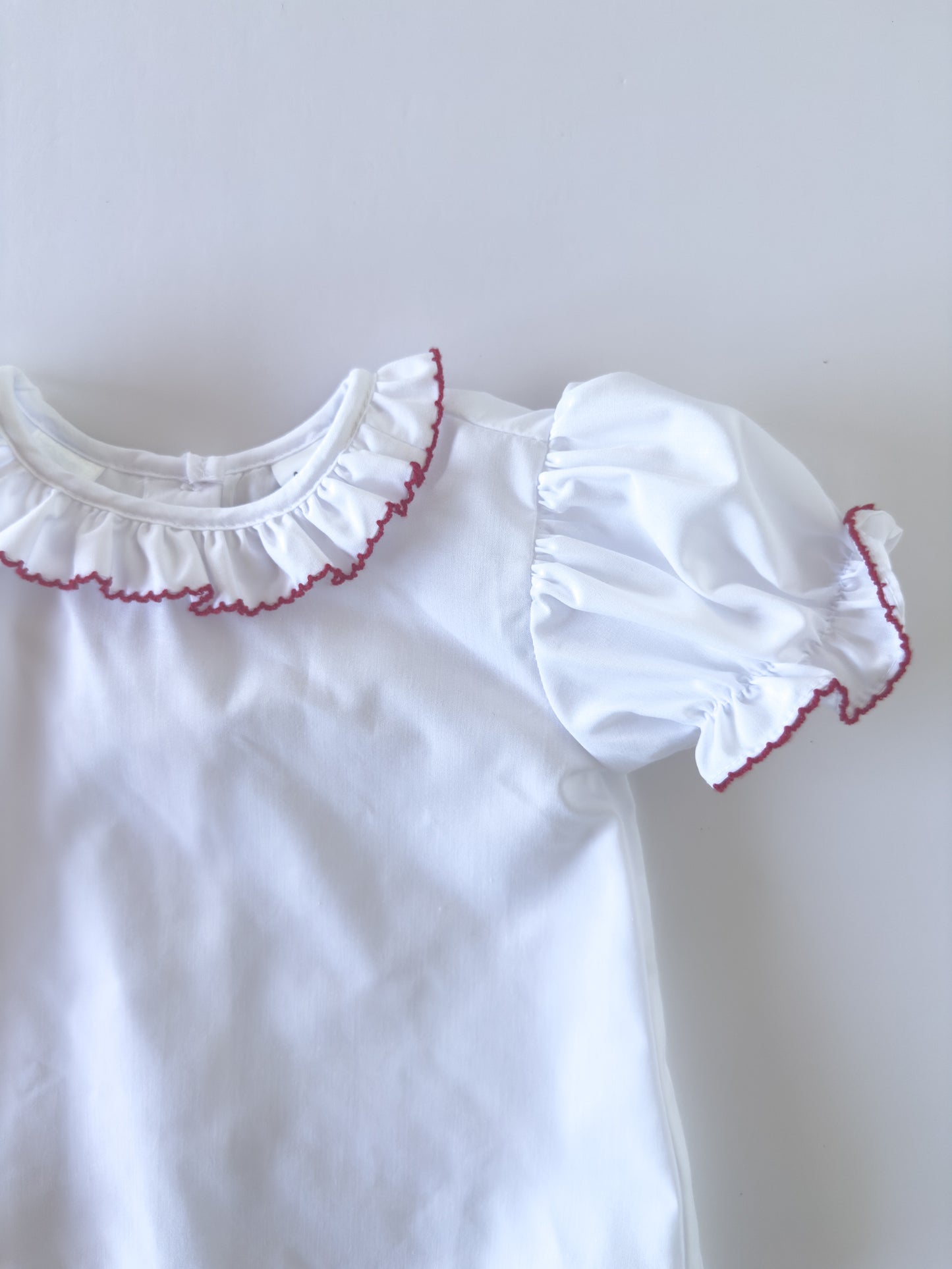 White/Red Trim Ruffle Button Blouse