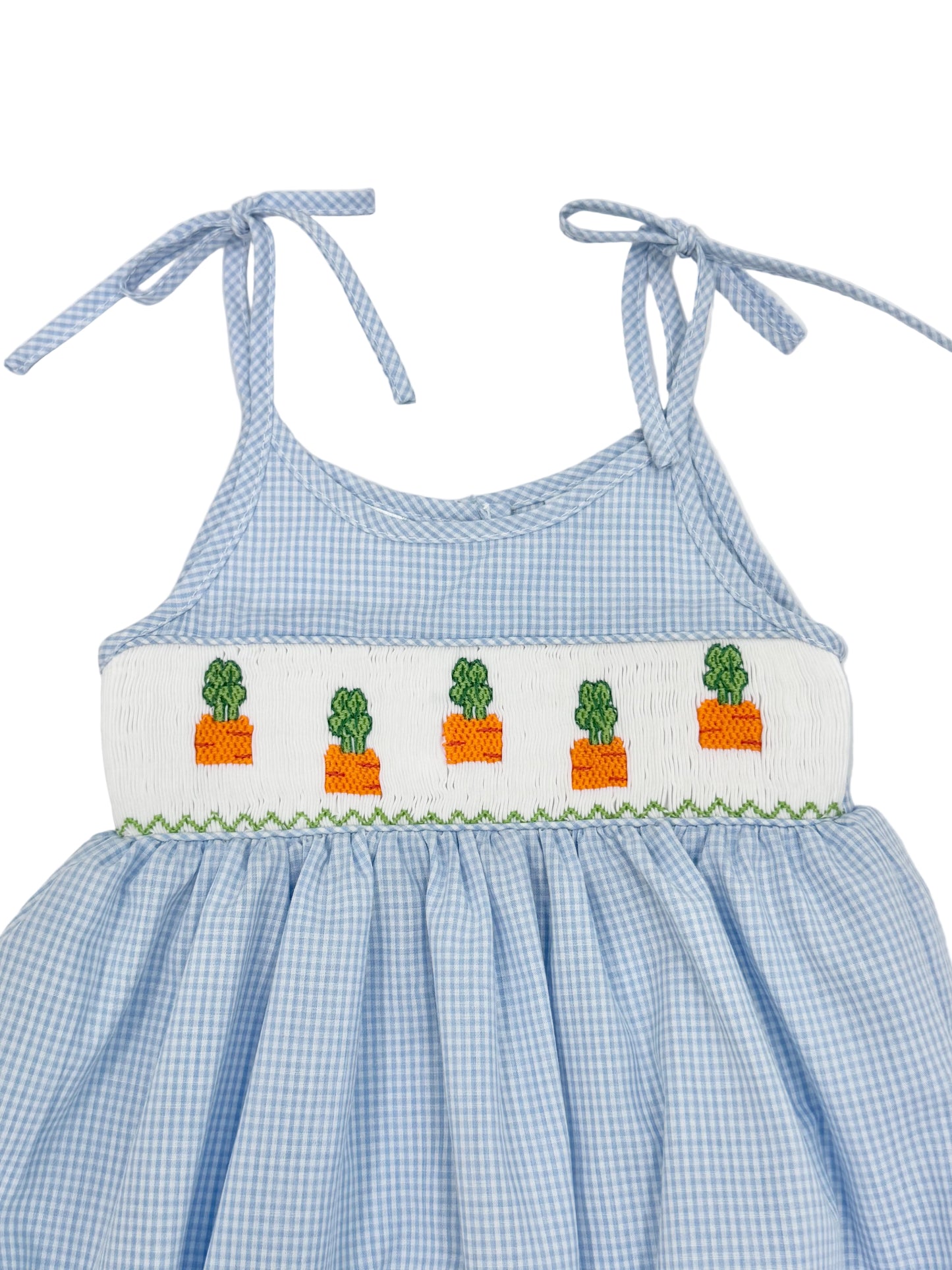 Blue Gingham Carrots Smocked Romper