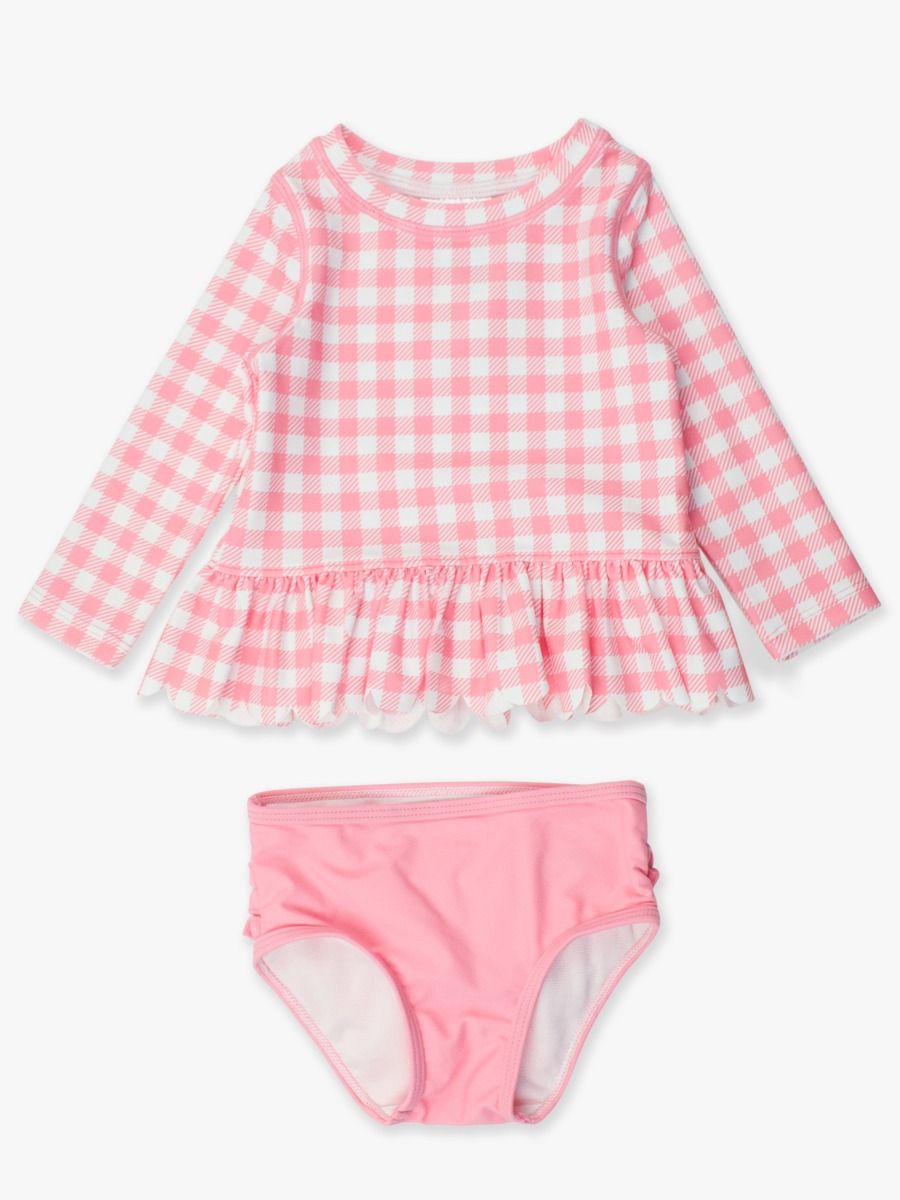 Bubblegum Pink Gingham Scallop Long Sleeve Rashguard 2 Piece