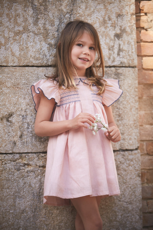 Claror Pink Linen Smocked Dress 90427