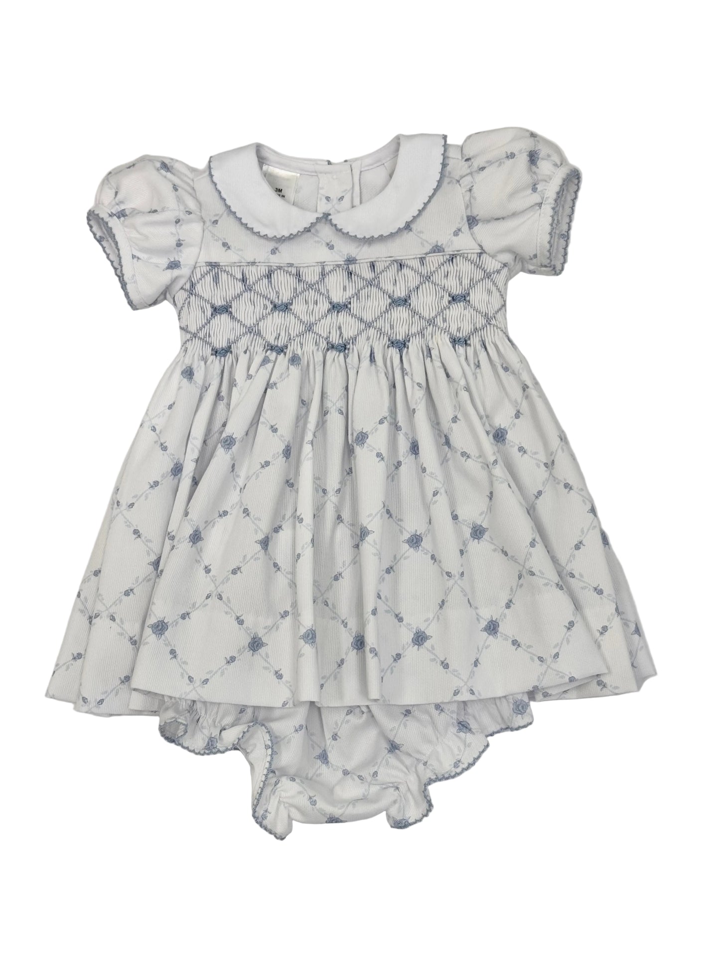 French Blue Lattice Smocked Dress & Bloomers