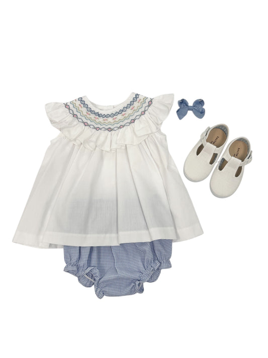 White & Blue Smocked Bishop Bloomer Set