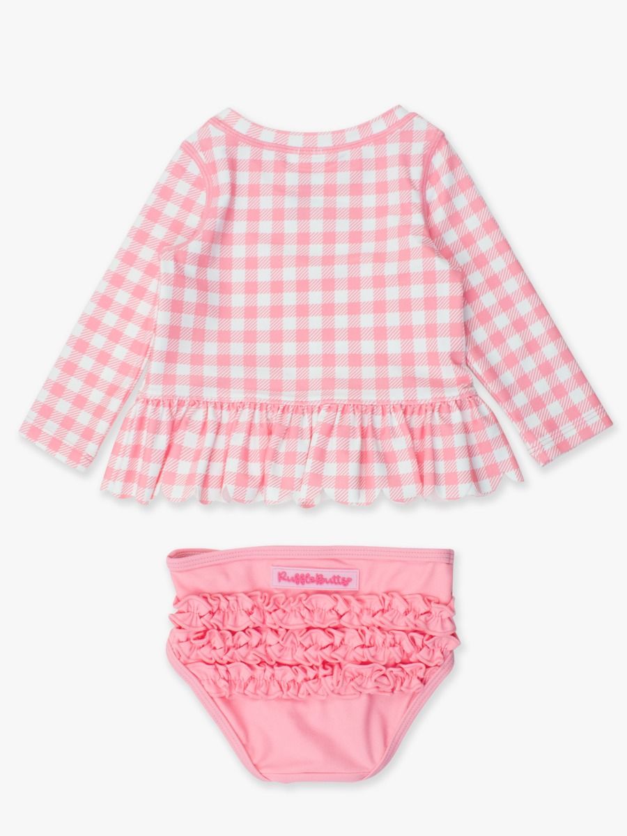 Bubblegum Pink Gingham Scallop Long Sleeve Rashguard 2 Piece