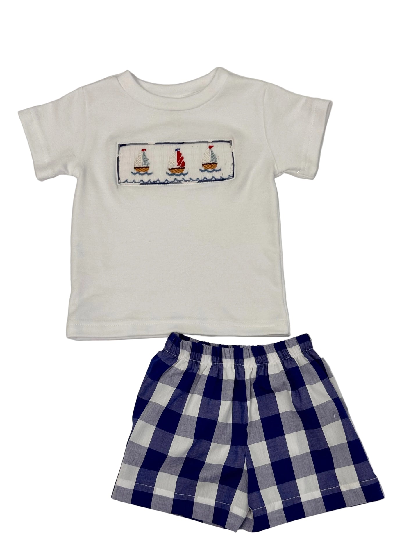 Blue Check Sailboats Shorts Set