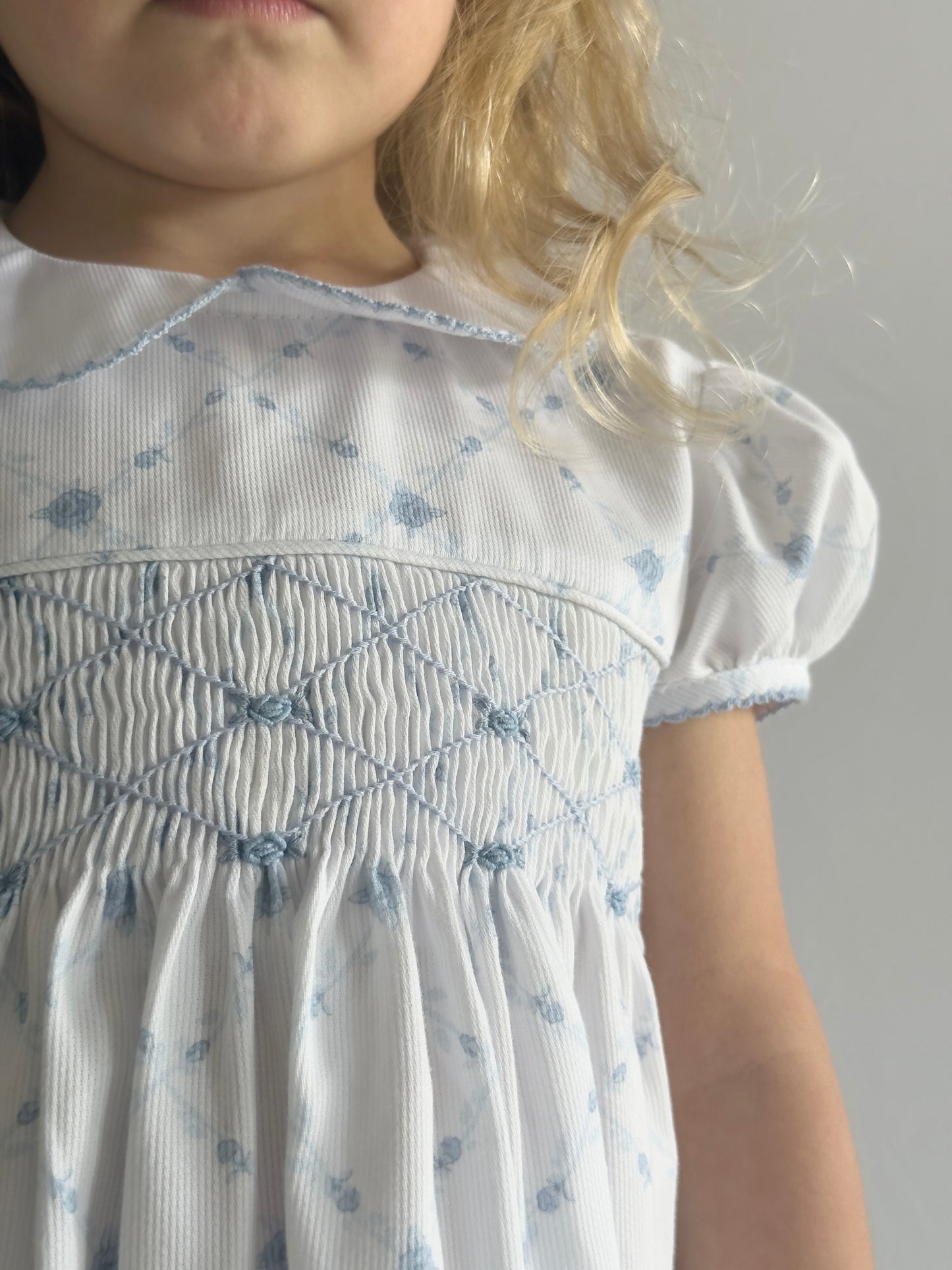 French Blue Lattice Smocked Dress