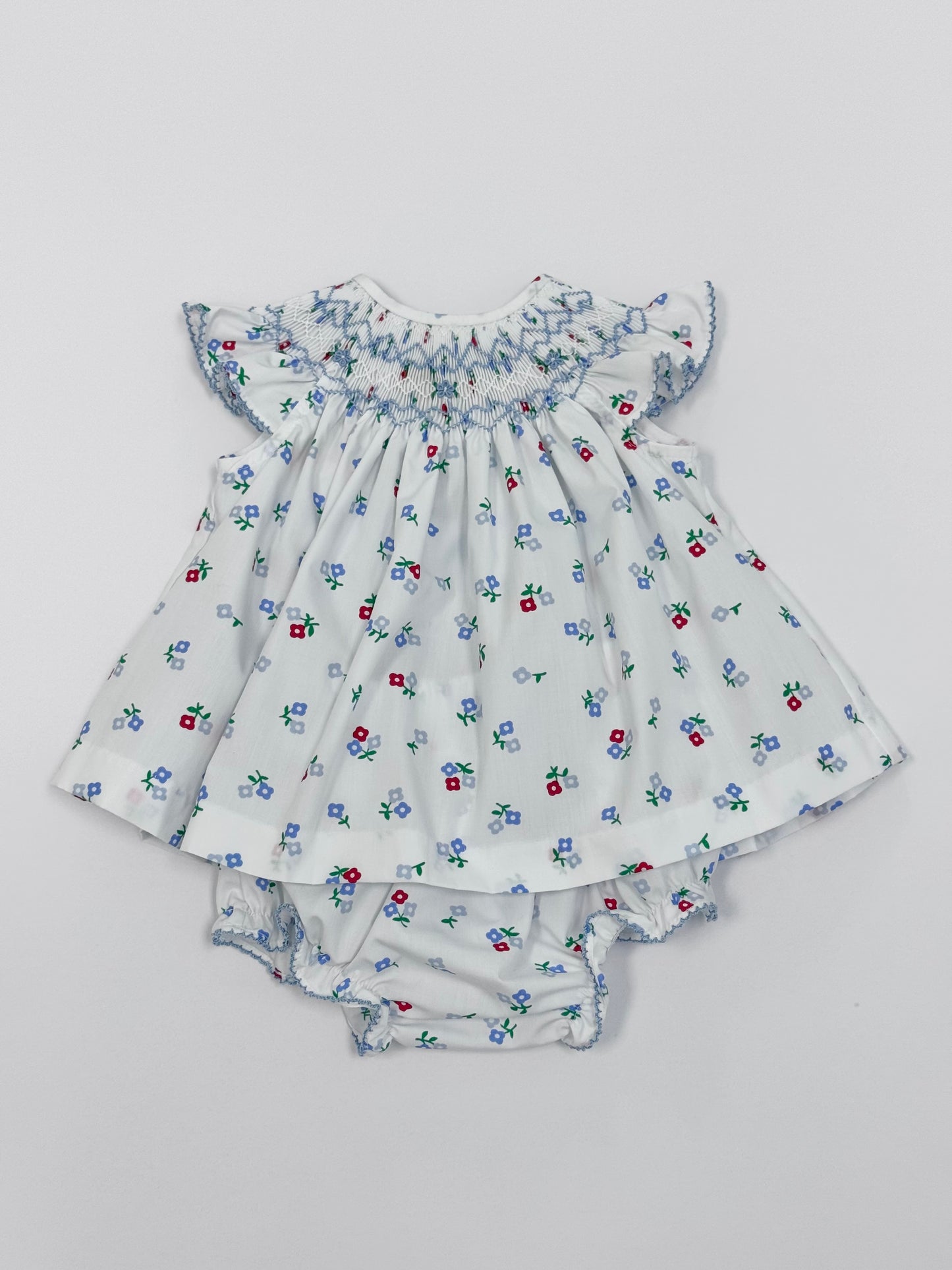 Blue Impatiens Smocked Bishop Bloomer Set