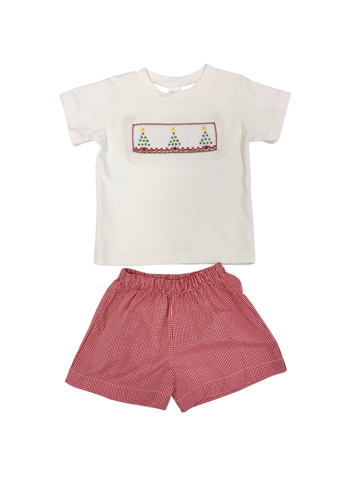 Red Gingham Smocked Christmas Tree Shorts Set