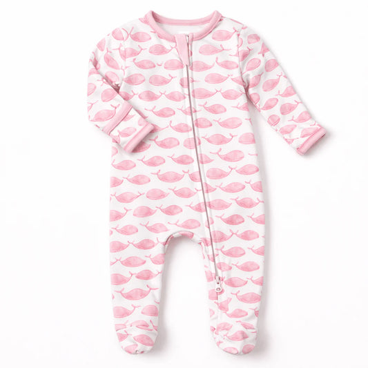 Azure Whales Print Pink Zip Footie