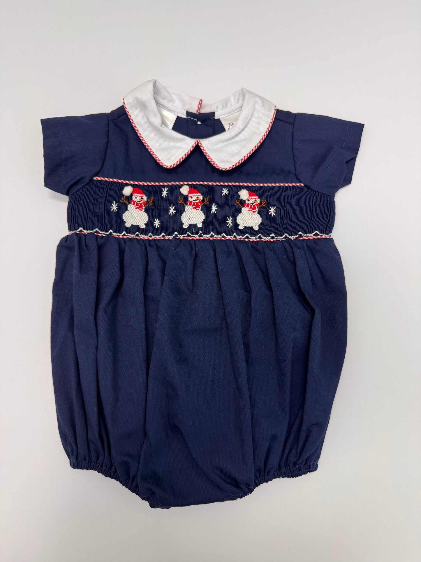H0822-3 Navy Snowman Romper 6M