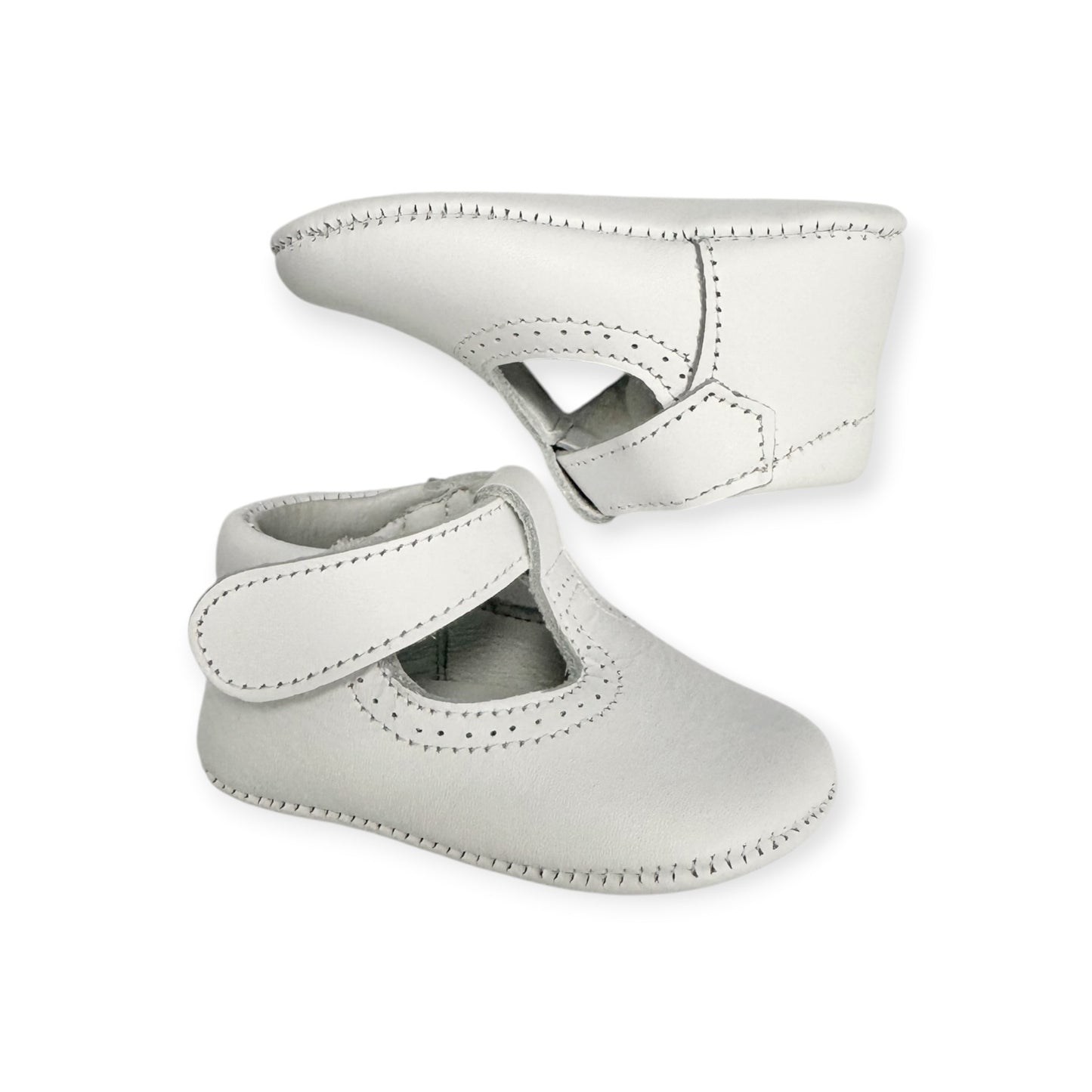 White Leather T-Strap Velcro Strap