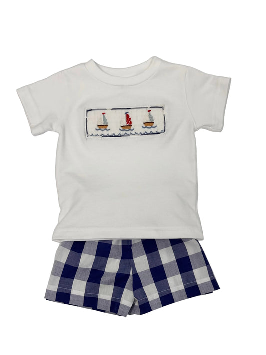 Blue Check Sailboats Shorts Set