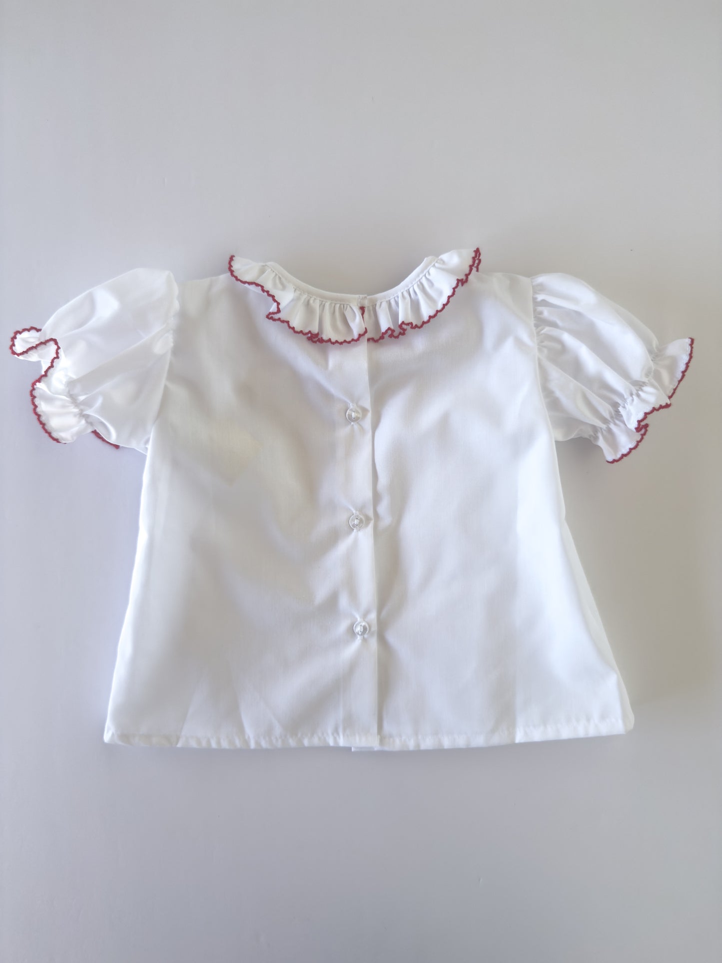 White/Red Trim Ruffle Button Blouse
