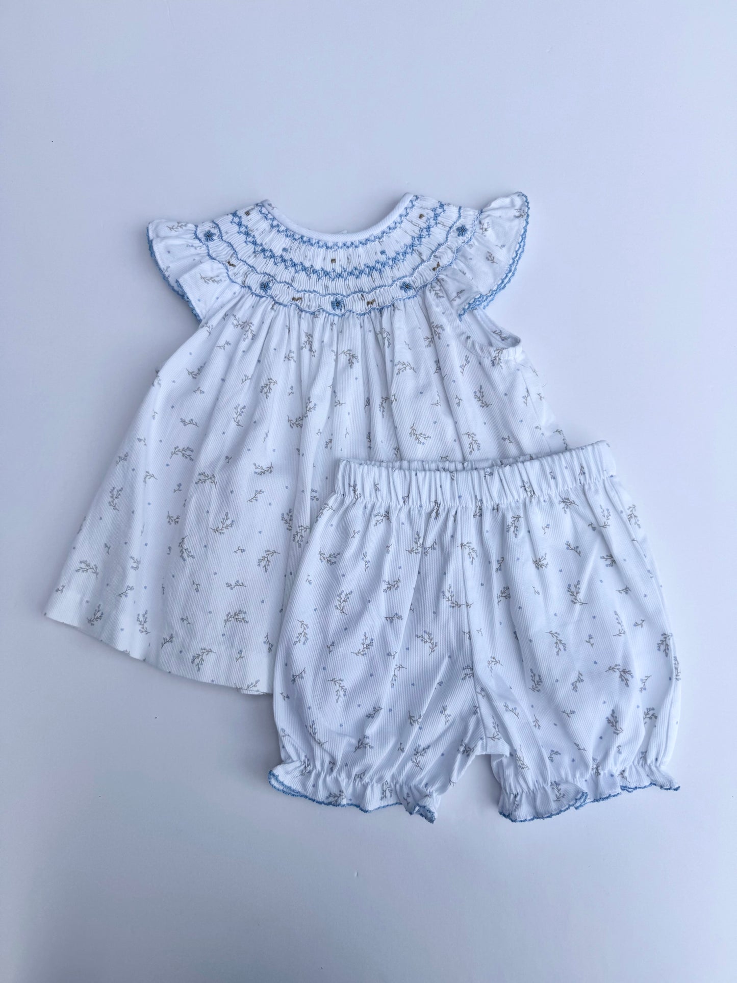 F16-25-1 White Pique & Blue Flowers Bishop Set