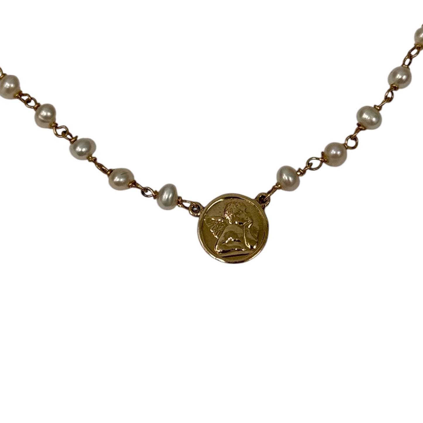 14K Gold Pearl Necklace with Guardian Angel Medal