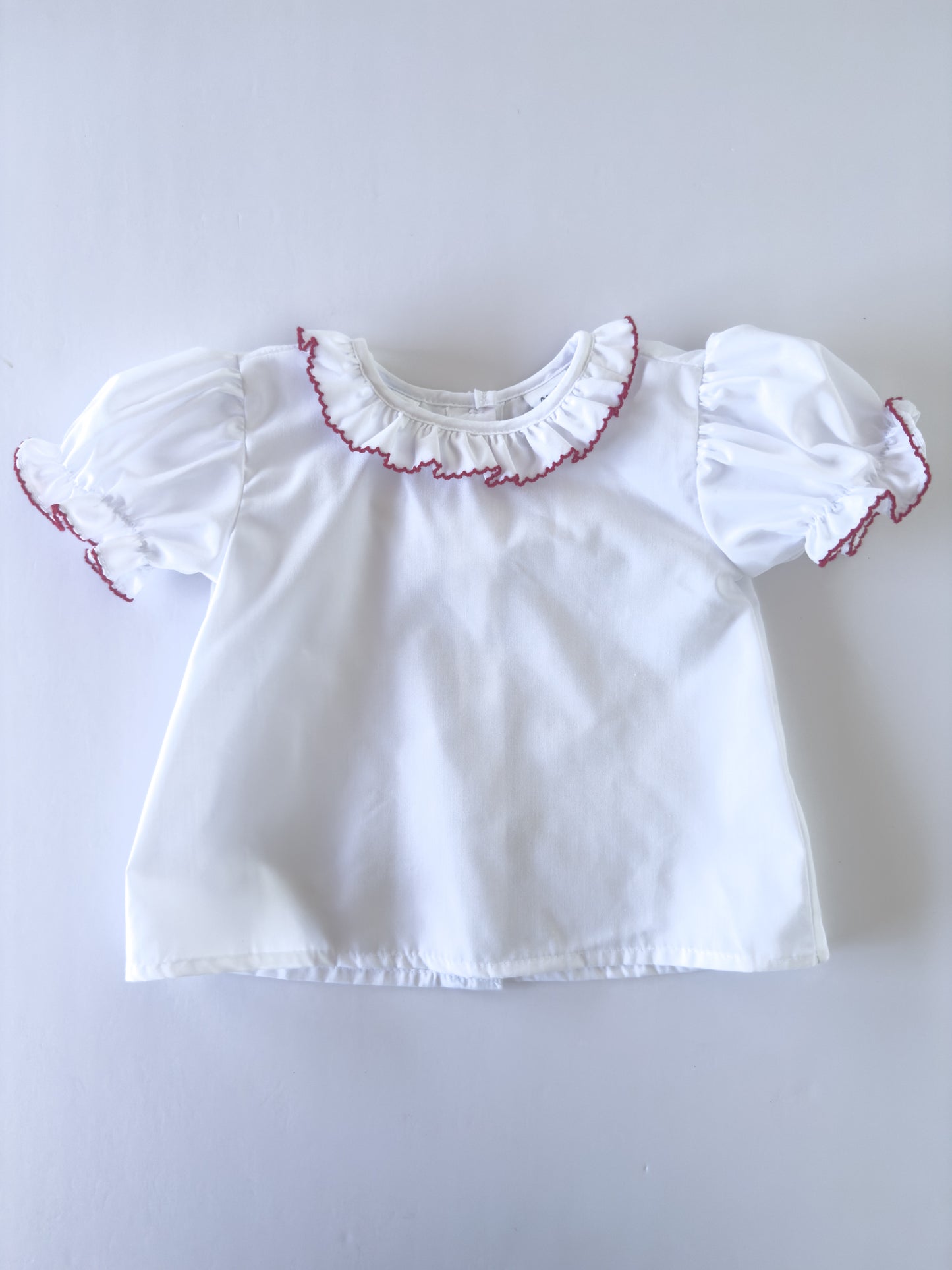 White/Red Trim Ruffle Button Blouse