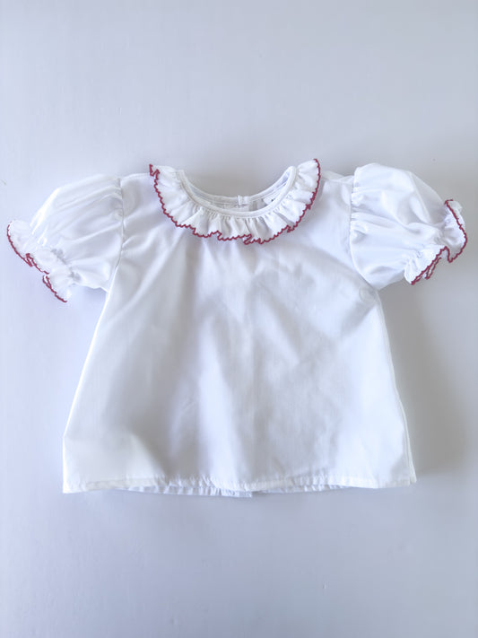 White/Red Trim Ruffle Button Blouse
