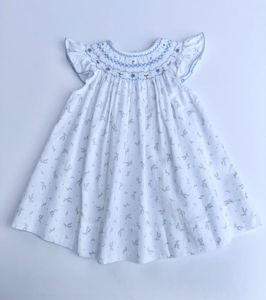 F16-25-2 White Pique & Blue Flowers Bishop Dress