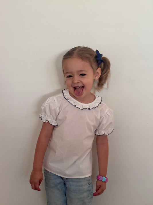 White/Navy Trim Ruffle Button Blouse