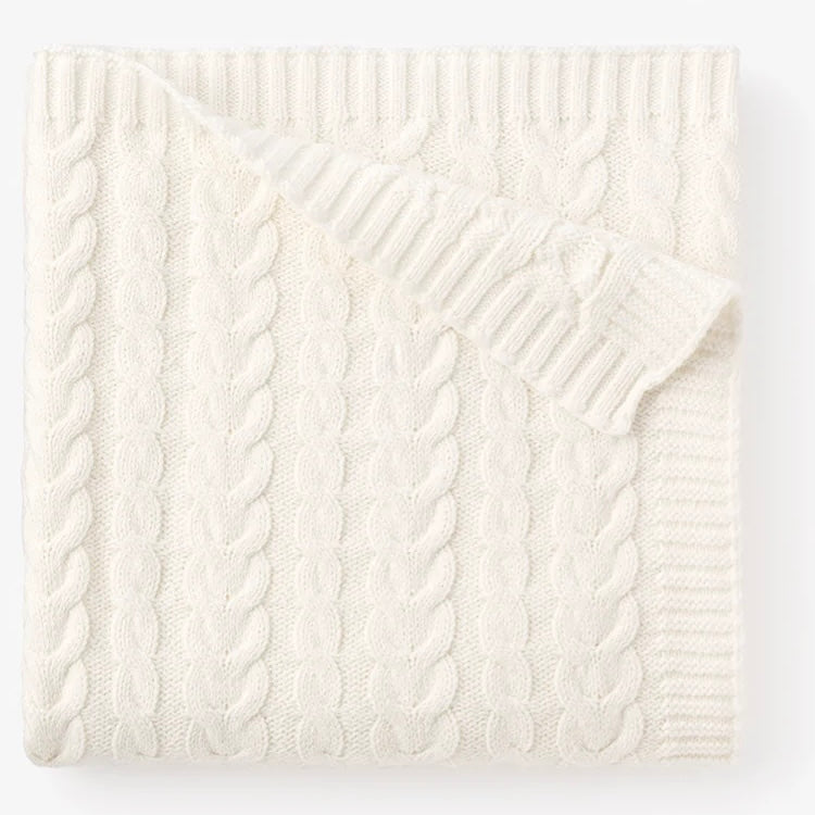 Whisper White Horseshoe Cable Knit Baby Blanket