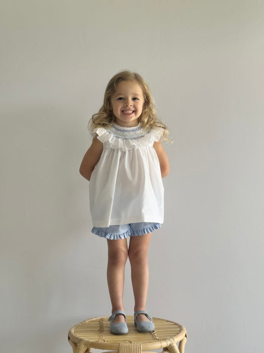 White & Blue Smocked Bishop Shorts Set