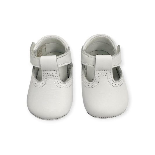 White Leather T-Strap Velcro Strap