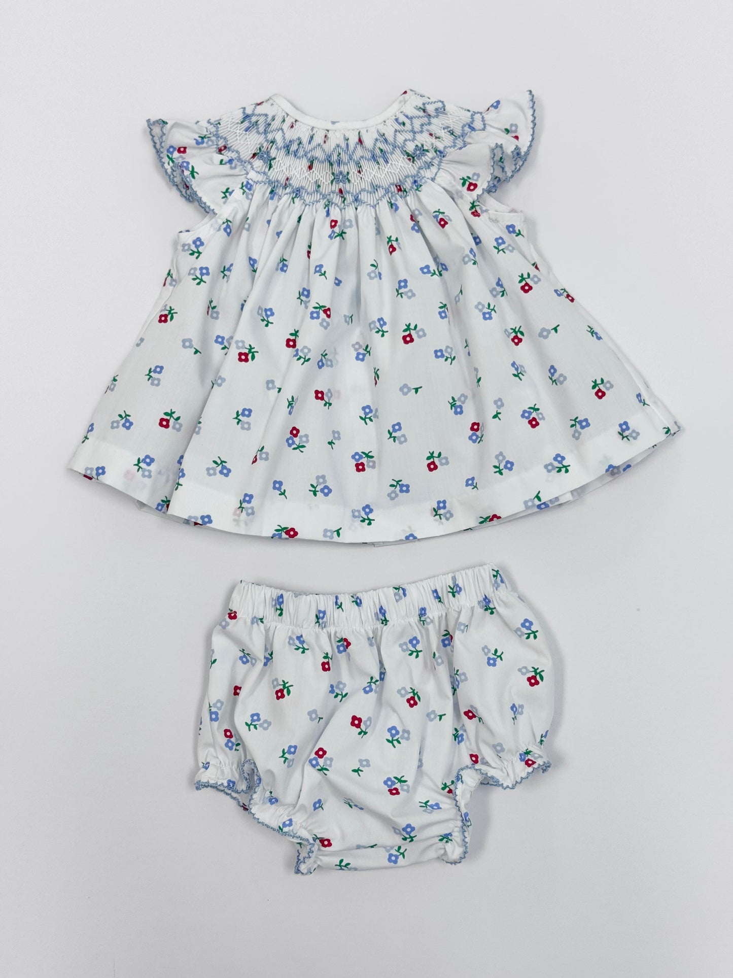 Blue Impatiens Smocked Bishop Bloomer Set