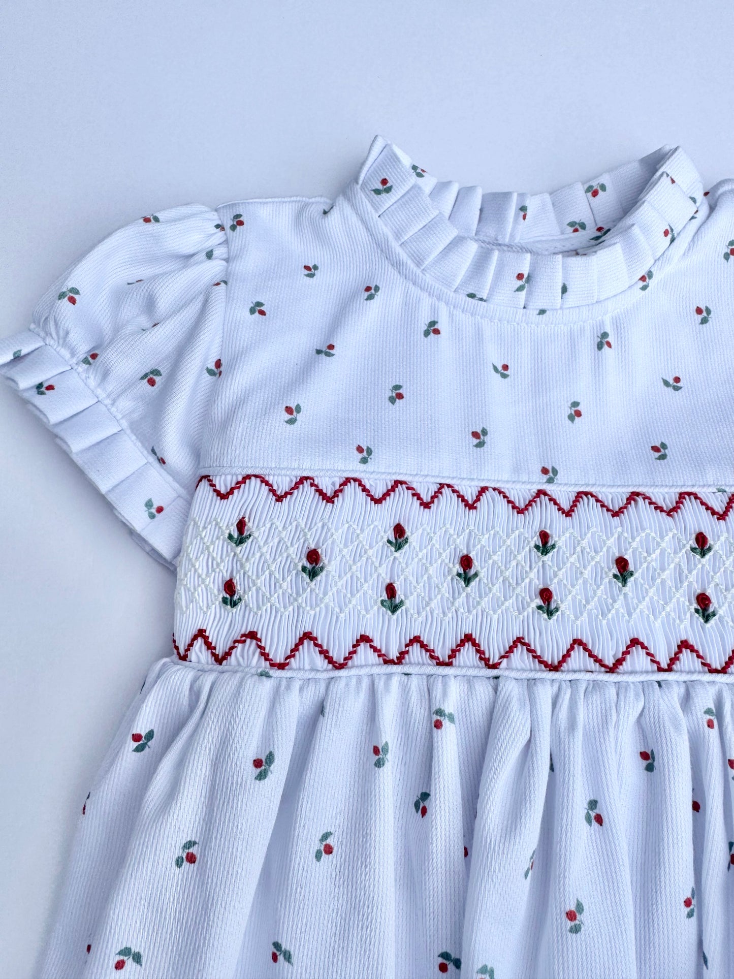 F14-25-1 White and Red Flower Smocked Dress
