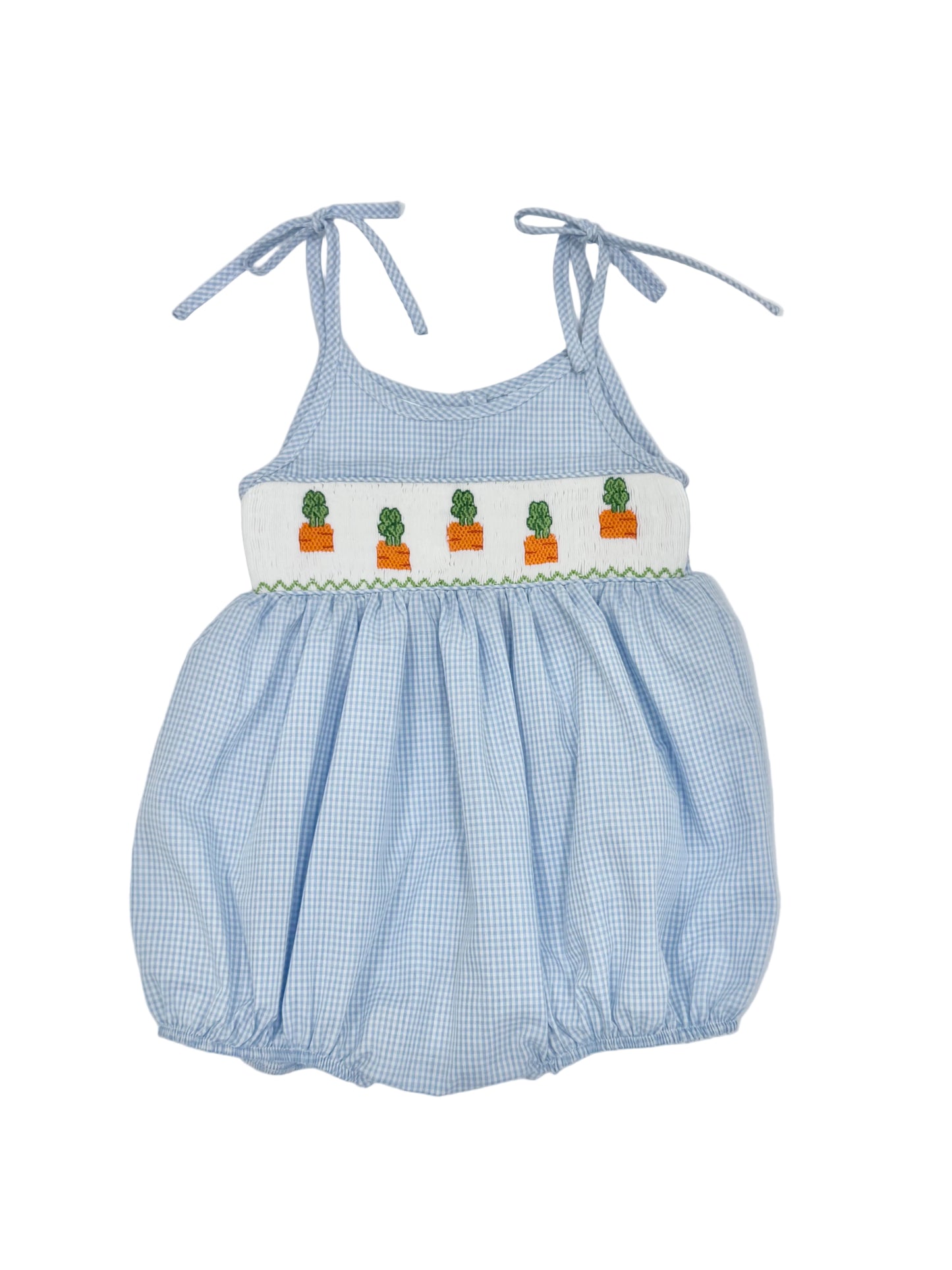 Blue Gingham Carrots Smocked Romper