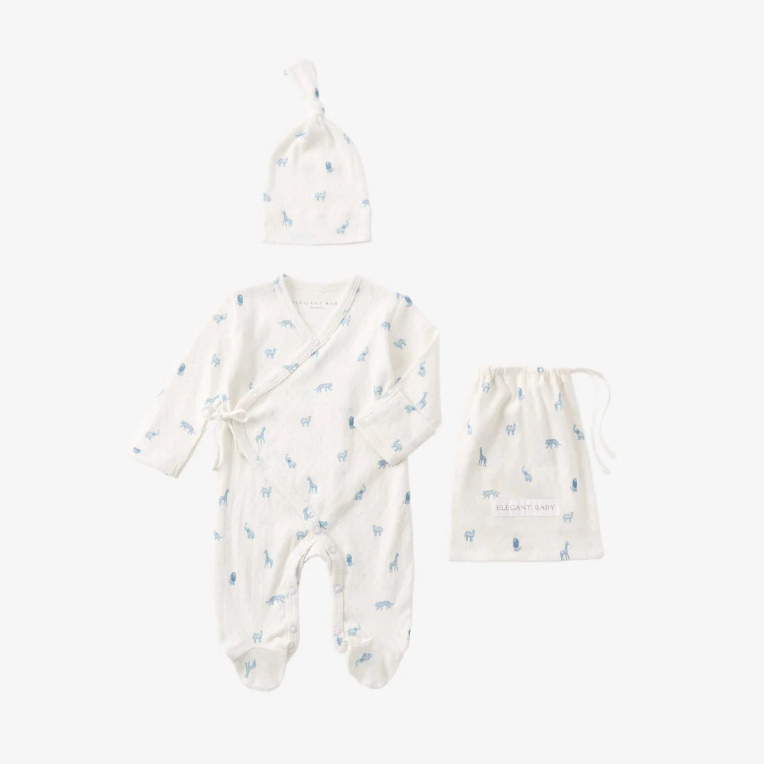 Blue Safari Print Organic Cotton Pointelle Layette 2 Pc Set