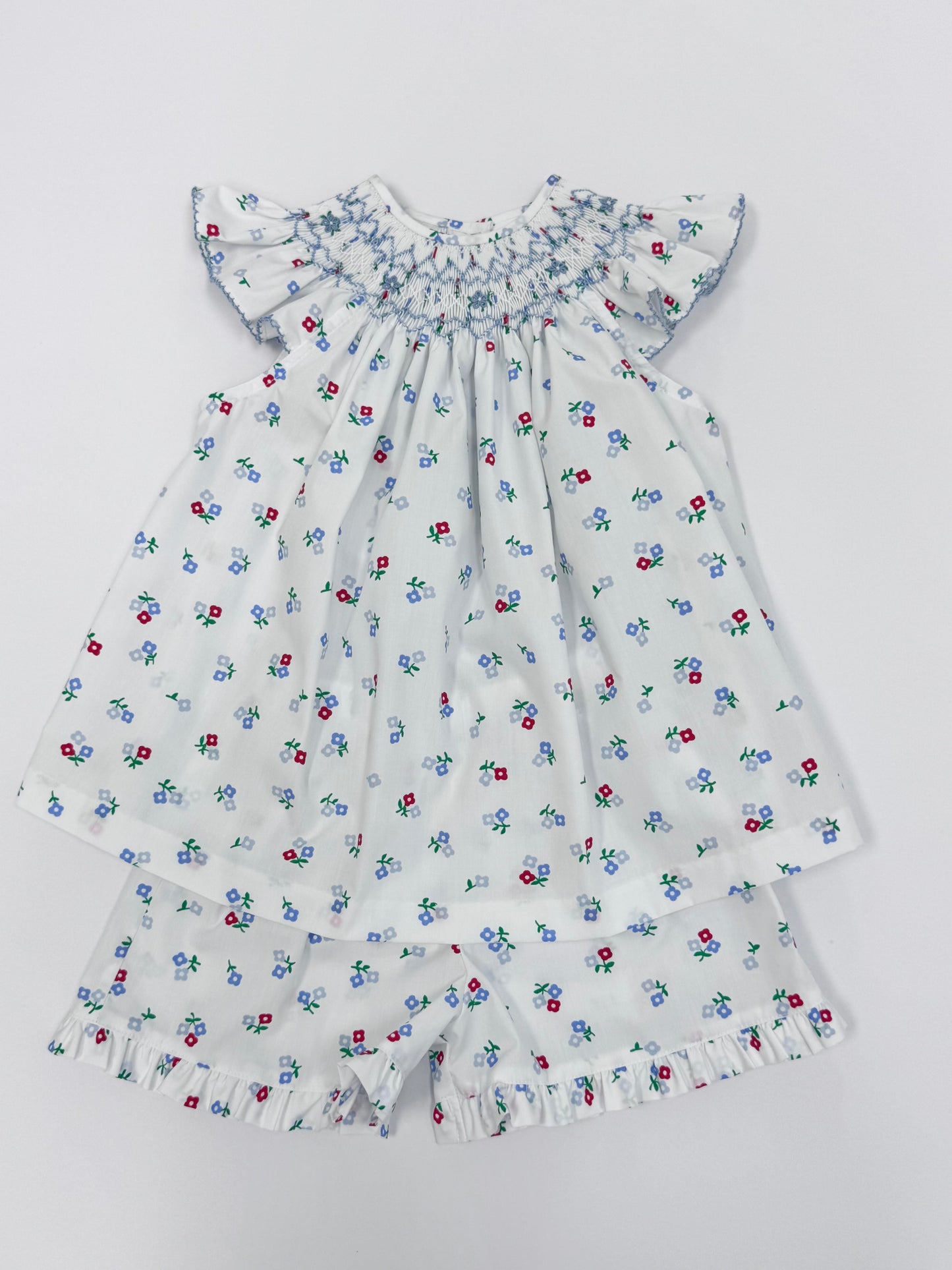 Blue Impatiens Smocked Bishop Shorts Set