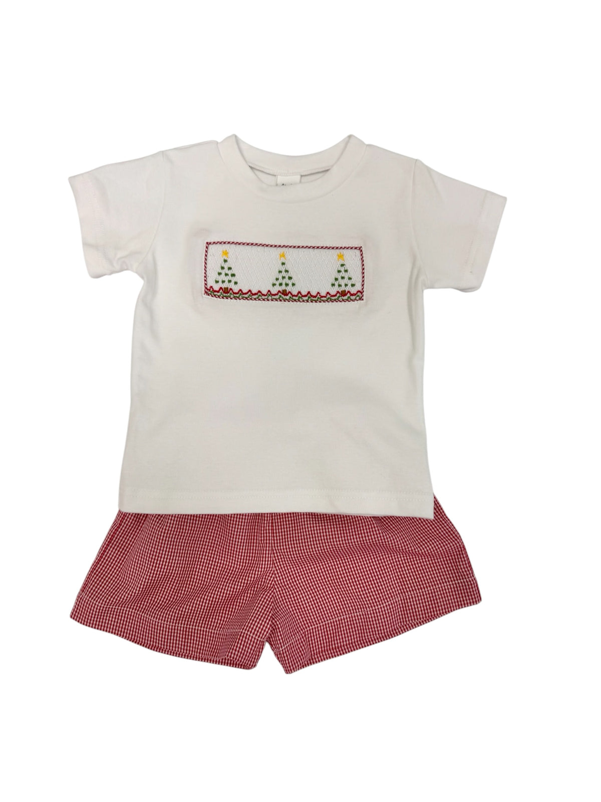 Red Gingham Smocked Christmas Tree Shorts Set