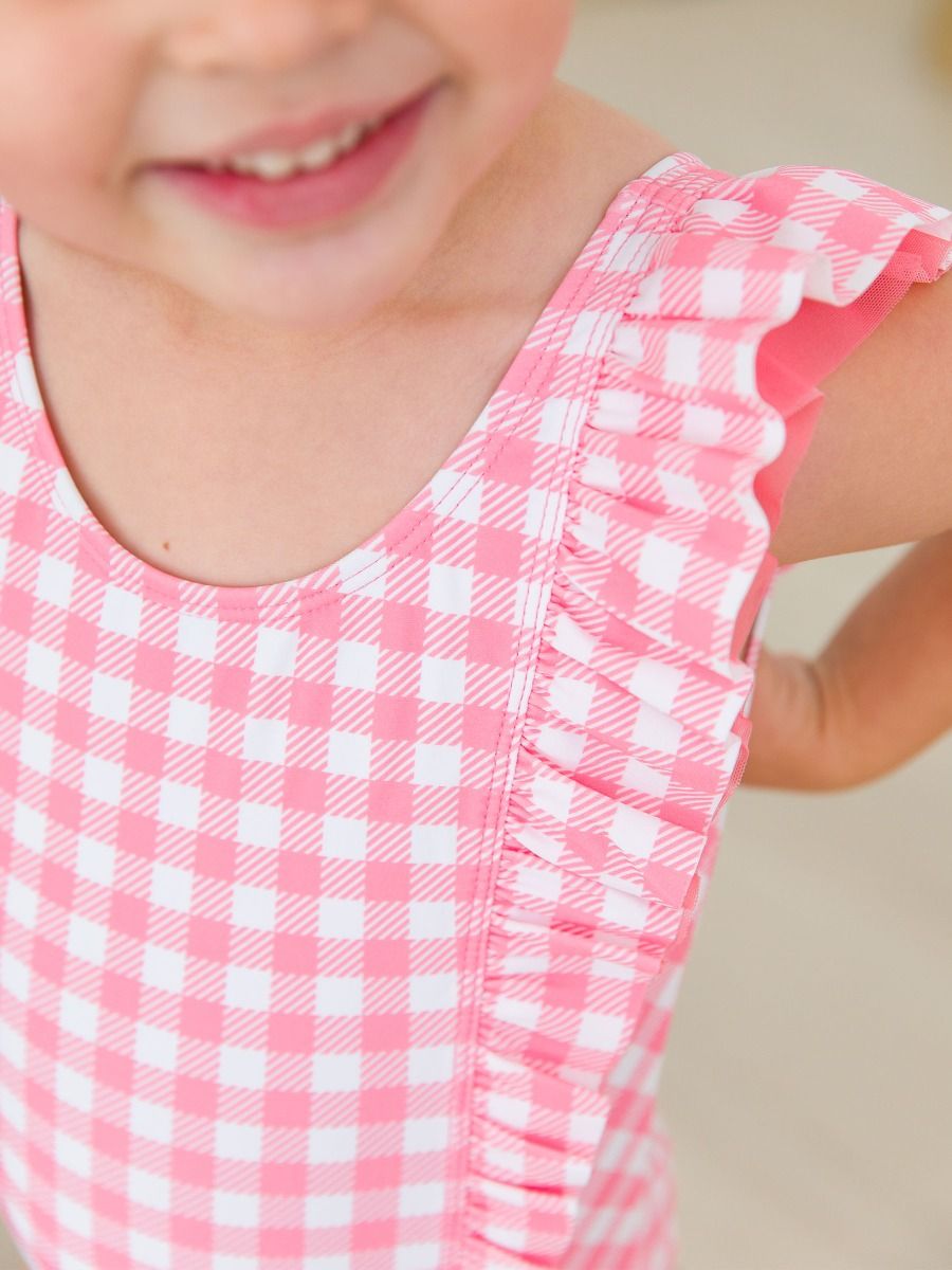 Bubblegum Pink Gingham Waterfall One Piece Swimwuit