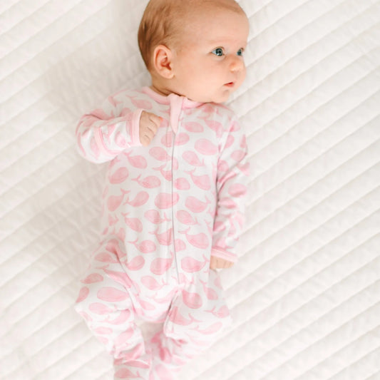 Azure Whales Print Pink Zip Footie