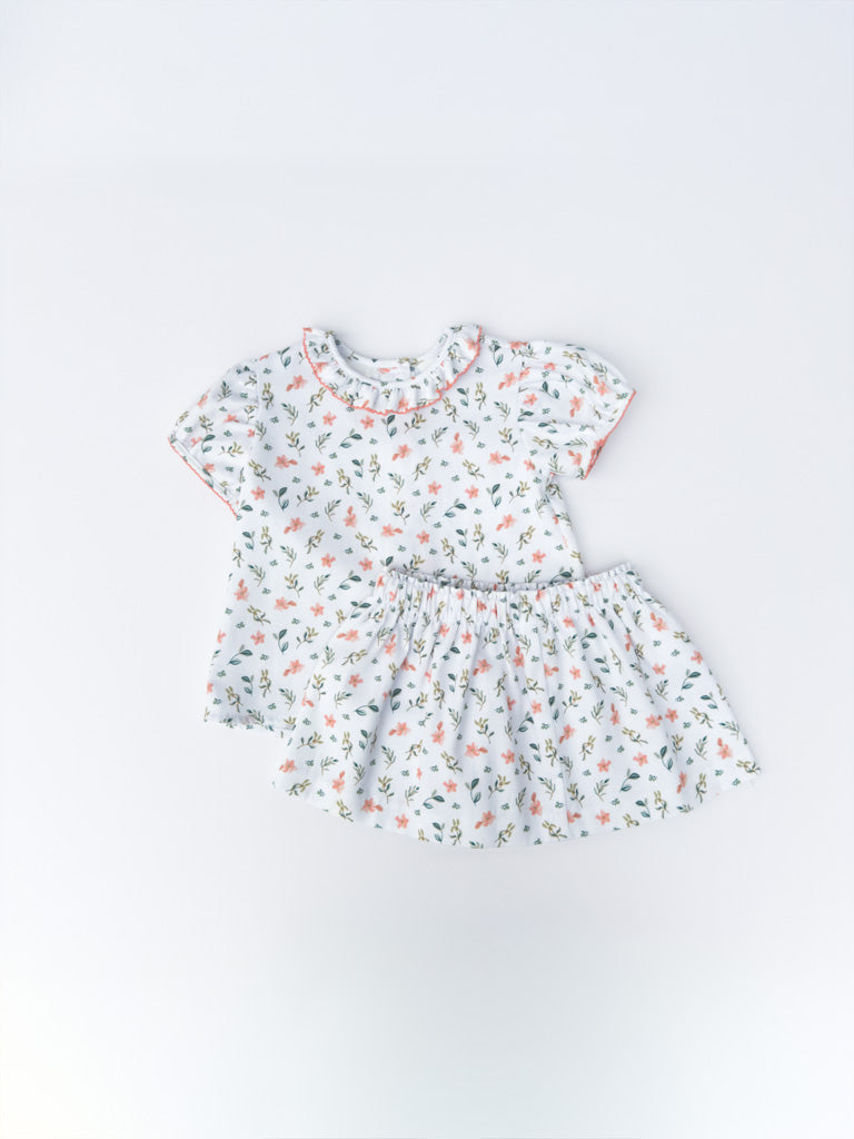 Coral Flowers Skirt Set