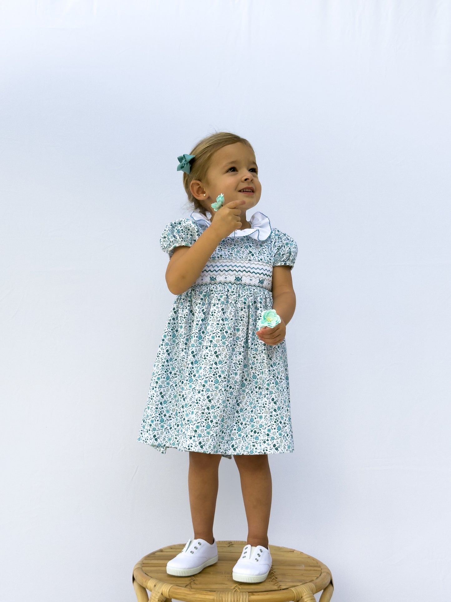 FH08-25-2 Teal Flowers Smocked Dress
