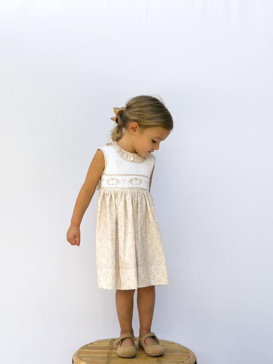 Beige Flowers Smocked Dress