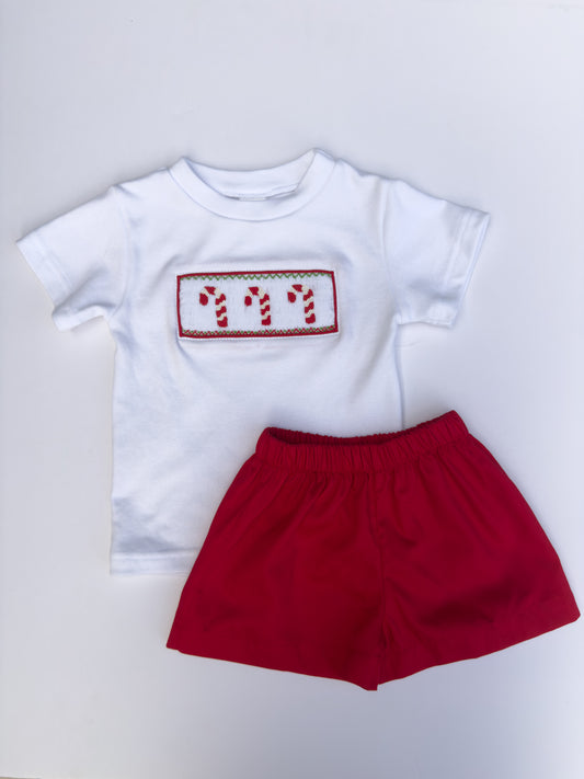 F07-25-4 Red  Candy Cane Shorts Set