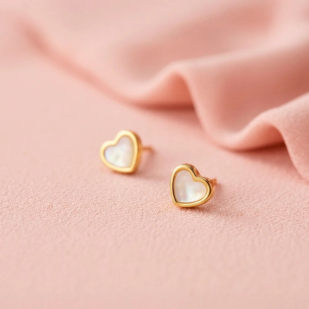 14K Gold Mother of Pearl Heart Earrings