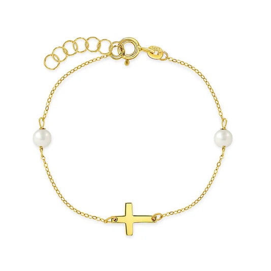 14K Gold Cross Pearl Bracelet 5-6"