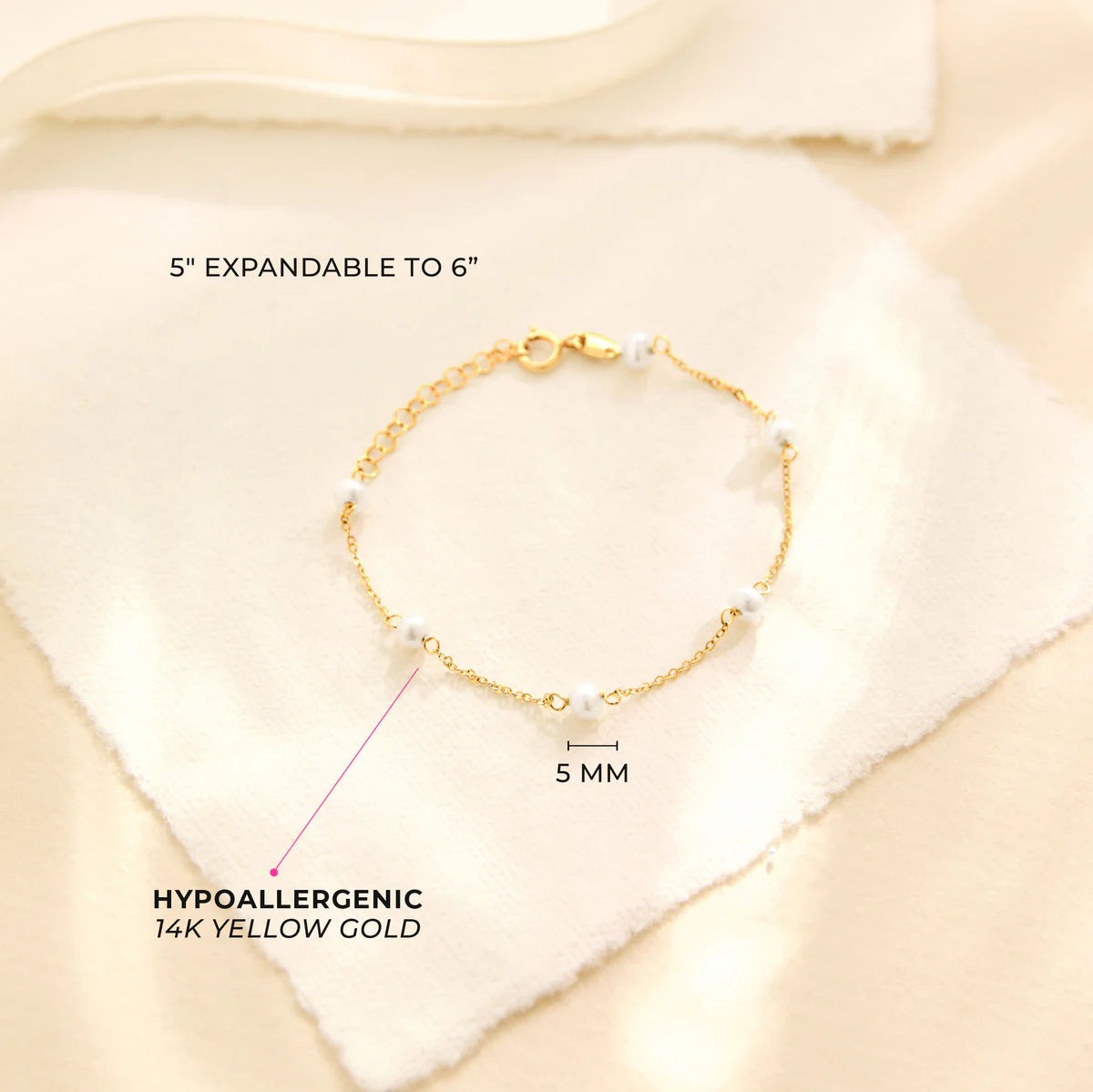 14K Gold 5-6" 4MM Freshwater Cultured Pearl Bracelet
