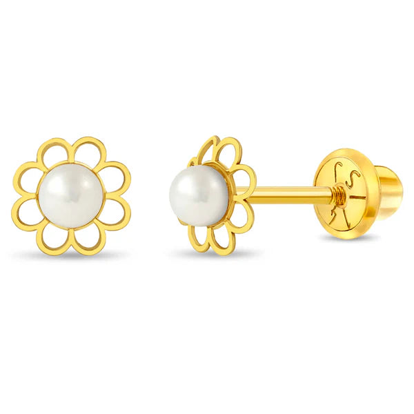 14K Gold Flower Freshwater Pearl Earring