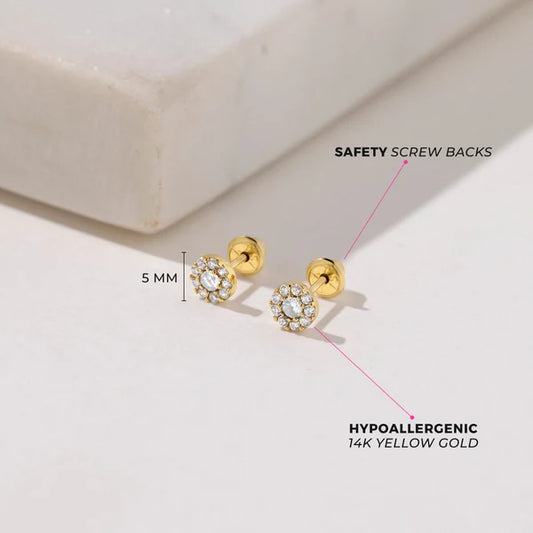 14K Gold Round CZ Burst Earrings