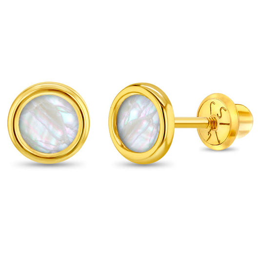 14K Gold Mother of Pearl Bezel Earrings