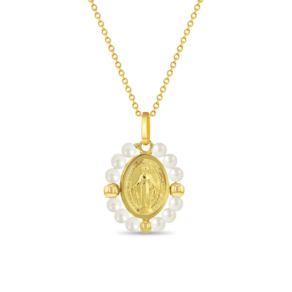 14K Gold Miraculous Virgin Mary Shell Pearl Pendant Necklace