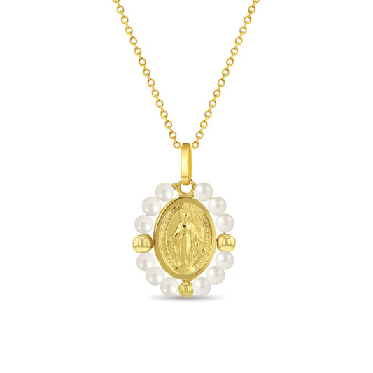 14K Gold Miraculous Virgin Mary Shell Pearl Pendant Necklace