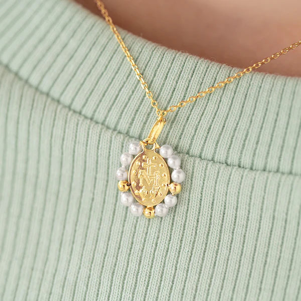 14K Gold Miraculous Virgin Mary Shell Pearl Pendant Necklace