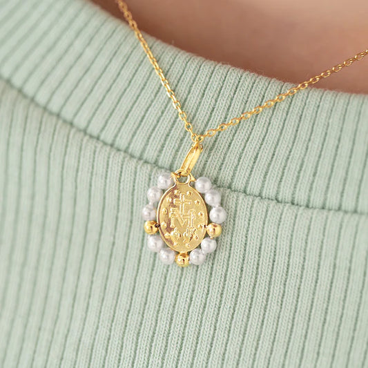 14K Gold Miraculous Virgin Mary Shell Pearl Pendant Necklace